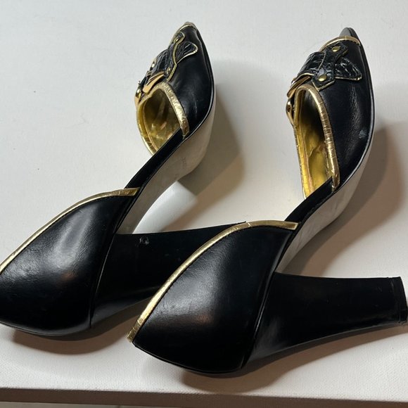 Nine West Women Shoes Black Gold Leather Peep Toe Pumps Heels US Size 7.5 7.5M - Picture 11 of 12